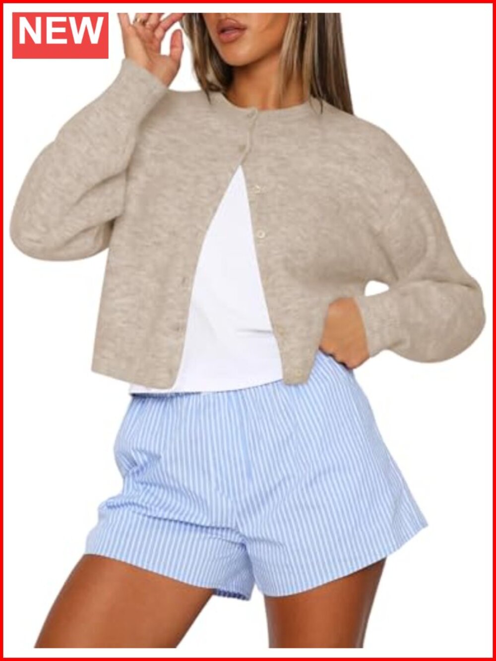 Cropped Cardigan Sweater Crew Neck Long Sleeve Button Up Knit